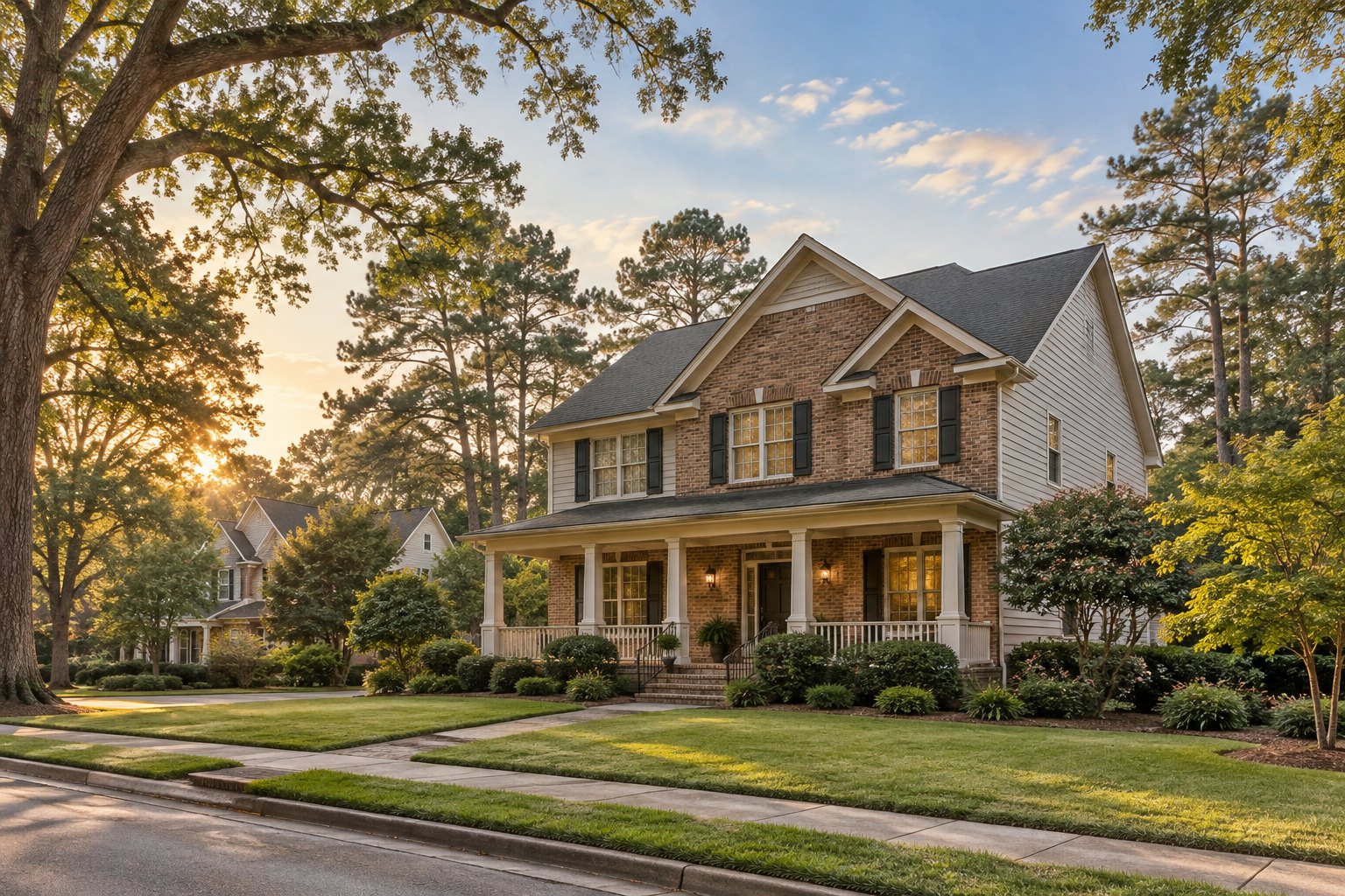 A brick and siding home on a tree lined street in southwest Atlanta, illustrative