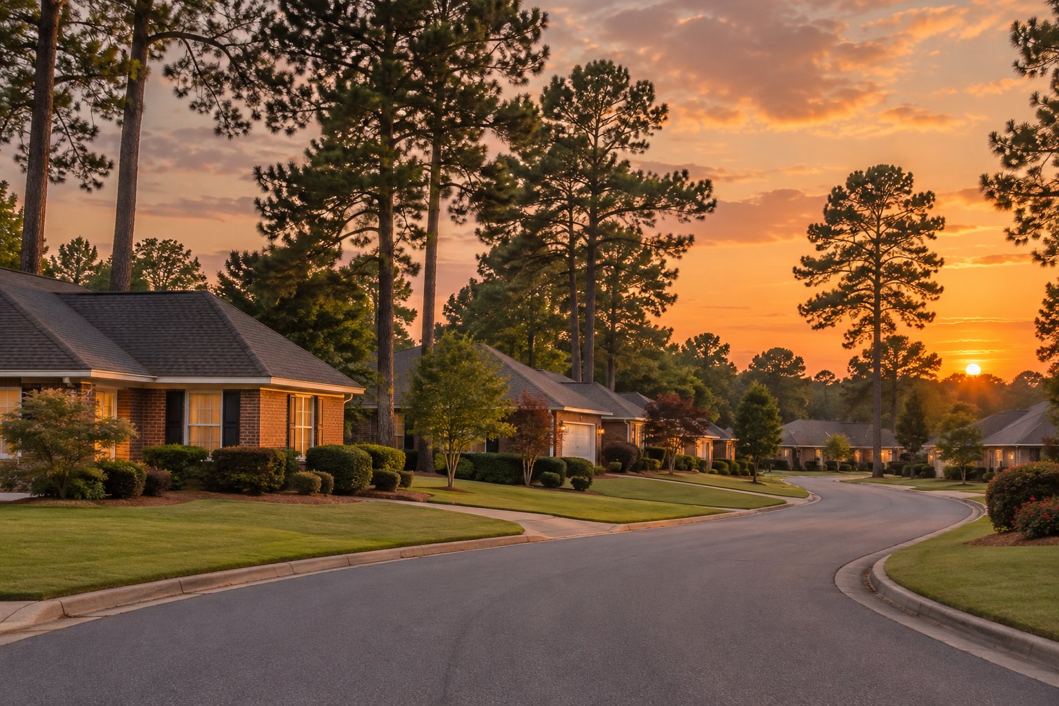 A tree lined Atlanta area street at sunset, illustrative
