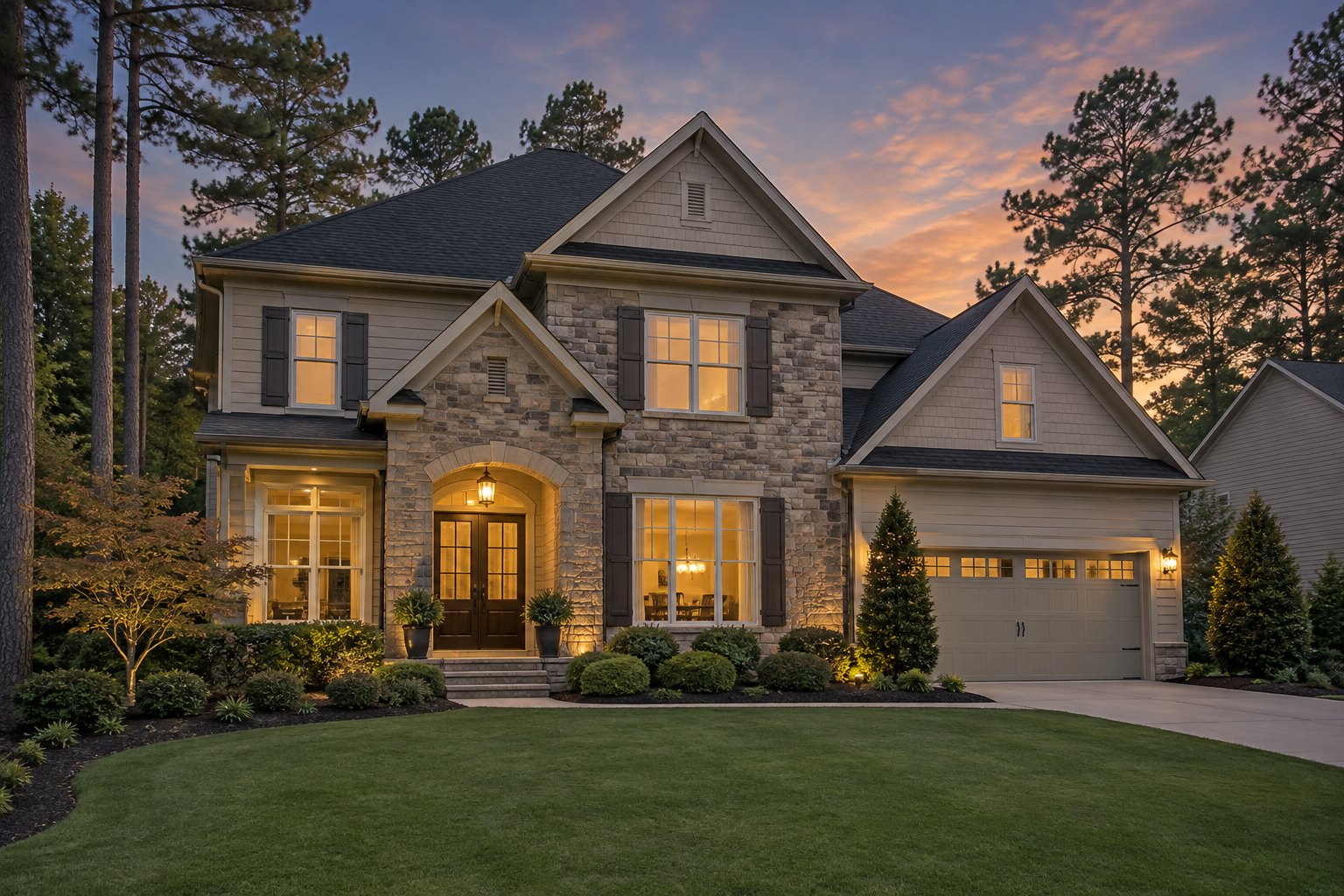 An Atlanta area home at dusk, illustrative